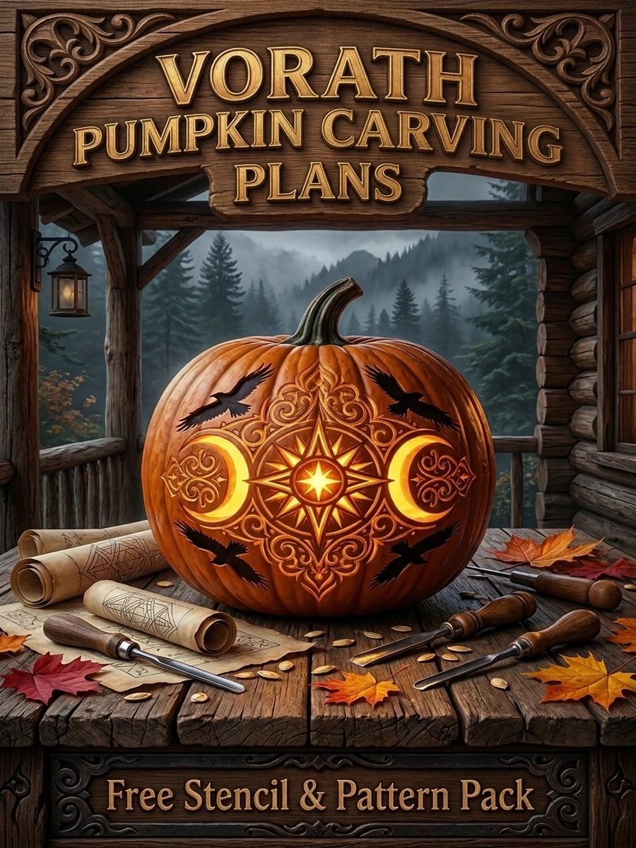 VORATH Pumpkin Carving Plans cover with glowing carved jack-o'-lanterns and brass stencil plates on an autumn workbench