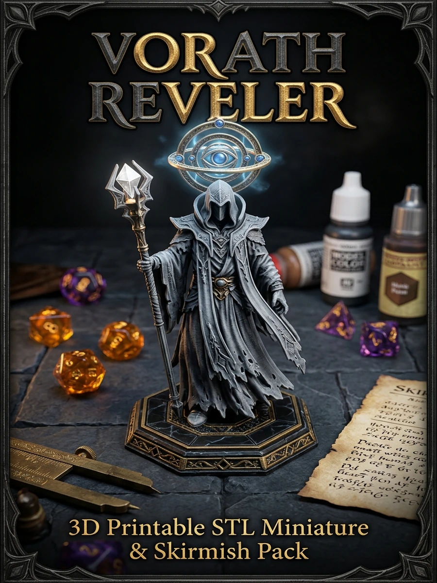 VORATH The Reveler Tabletop STL Miniature collector box cover with high-detail dark-gray resin figurine on a sacred-geometry plinth