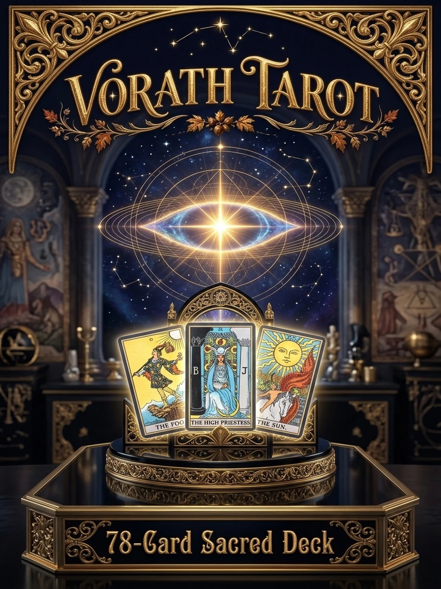 VORATH Tarot 78-Card Major and Minor Arcana Deck collector box cover with 24k gold guilloche and bismuth crystals