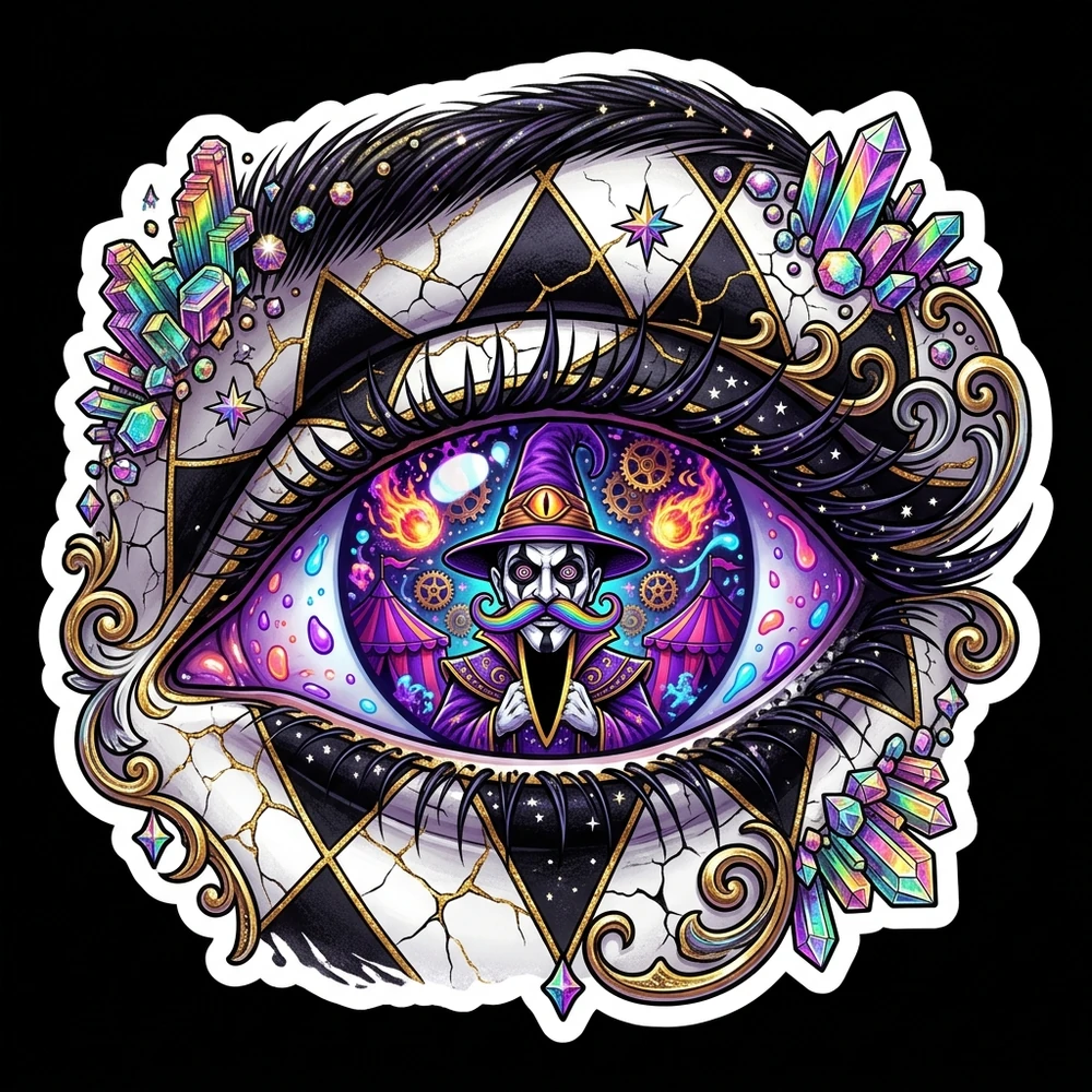 The Cosmic Dark Carnival Macro Eye — wicked jester diamond facepaint, gold kintsugi filigree, and rainbow bismuth crystals around a Big Top galaxy pupil