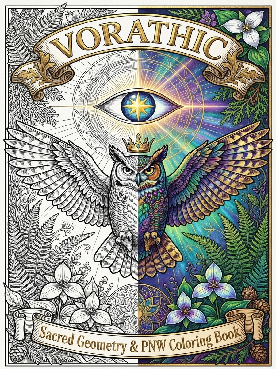 Vorathic Sacred Geometry Coloring Book cover with intricate black-and-gold botanical mandala and cosmic eye on ivory vellum