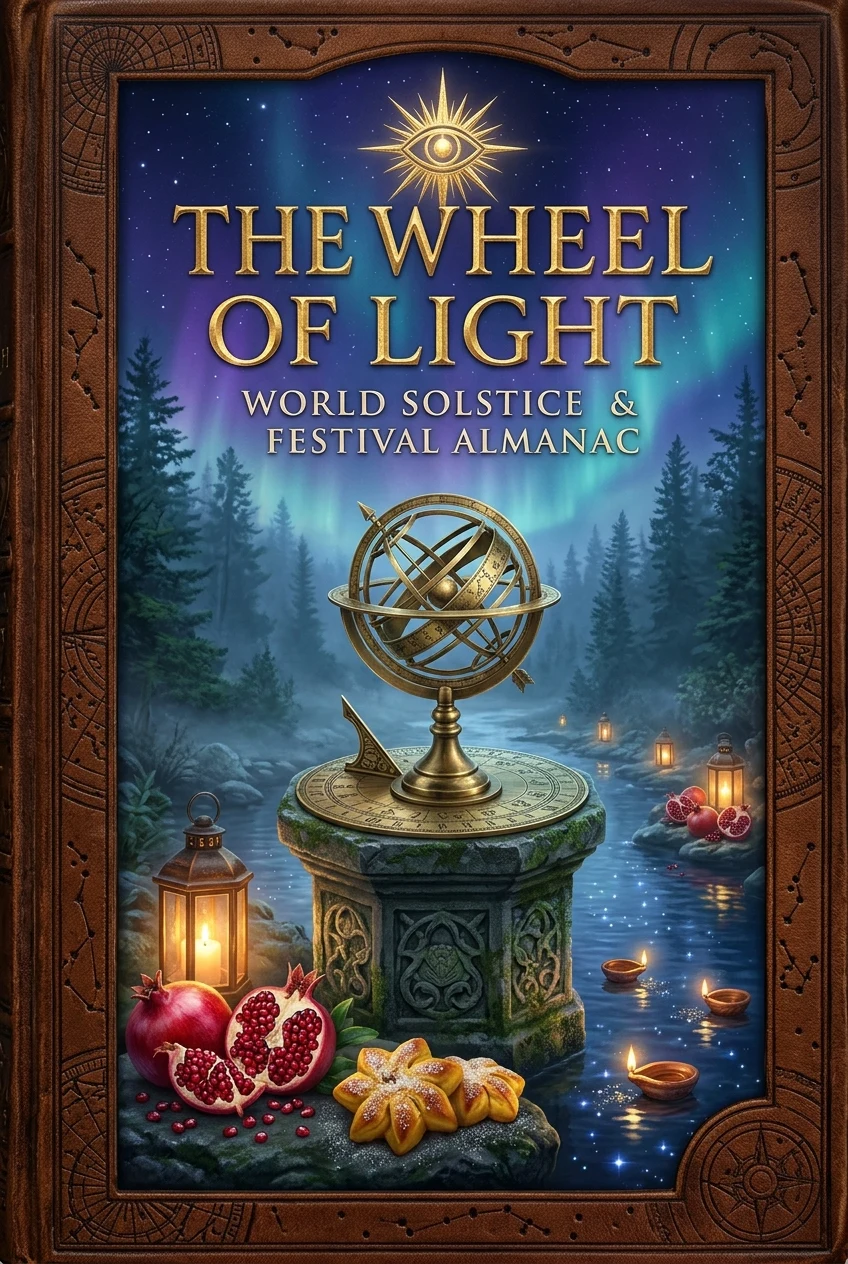 The Wheel of Light World Solstice and Festival Almanac cover with a golden armillary sphere and winter lanterns