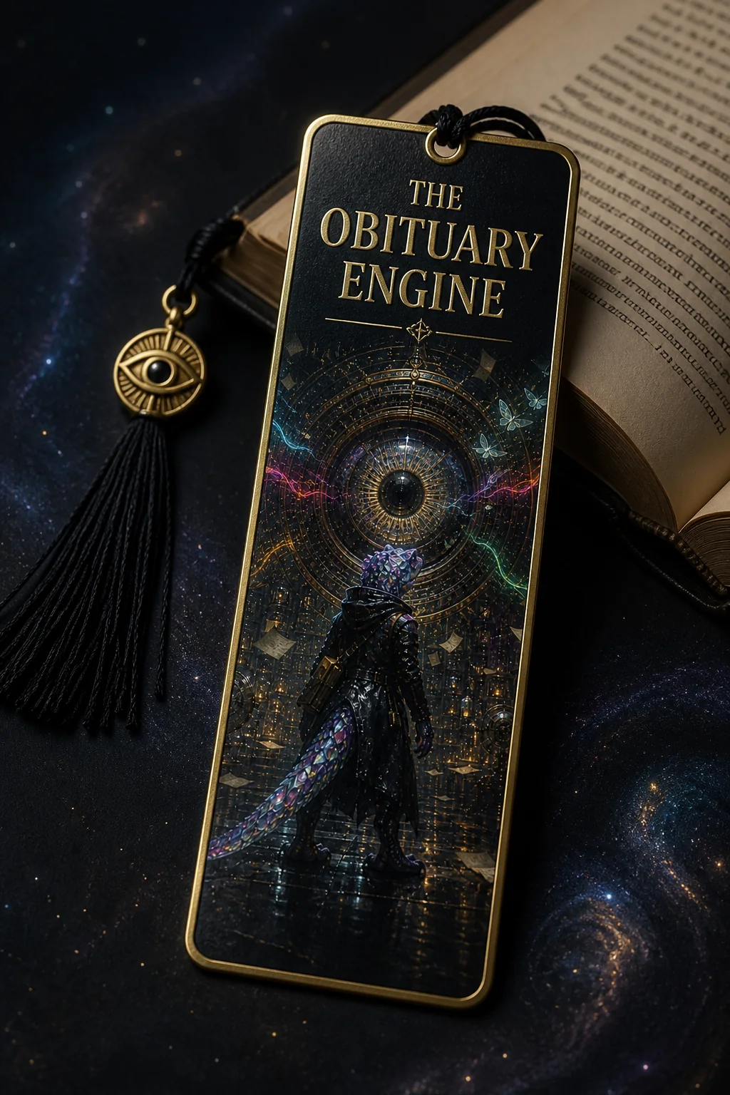 Obituary Engine Foil Bookmark concept mockup