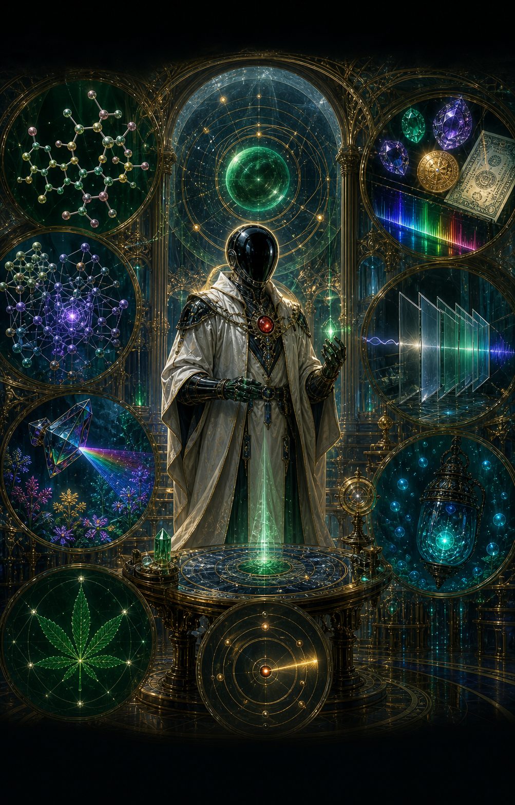 A faceless VORATH natural philosopher conducts a cathedral laboratory of molecular structures, ultraviolet vision, gemstones, wavelength filters, and bioluminescent light.
