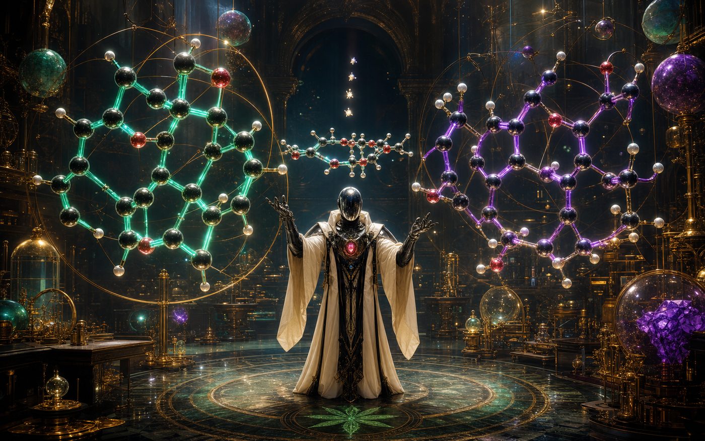 A faceless VORATH molecular naturalist stands between two monumental cannabinoid-like molecular constellations with identical atom colors and different connectivity.