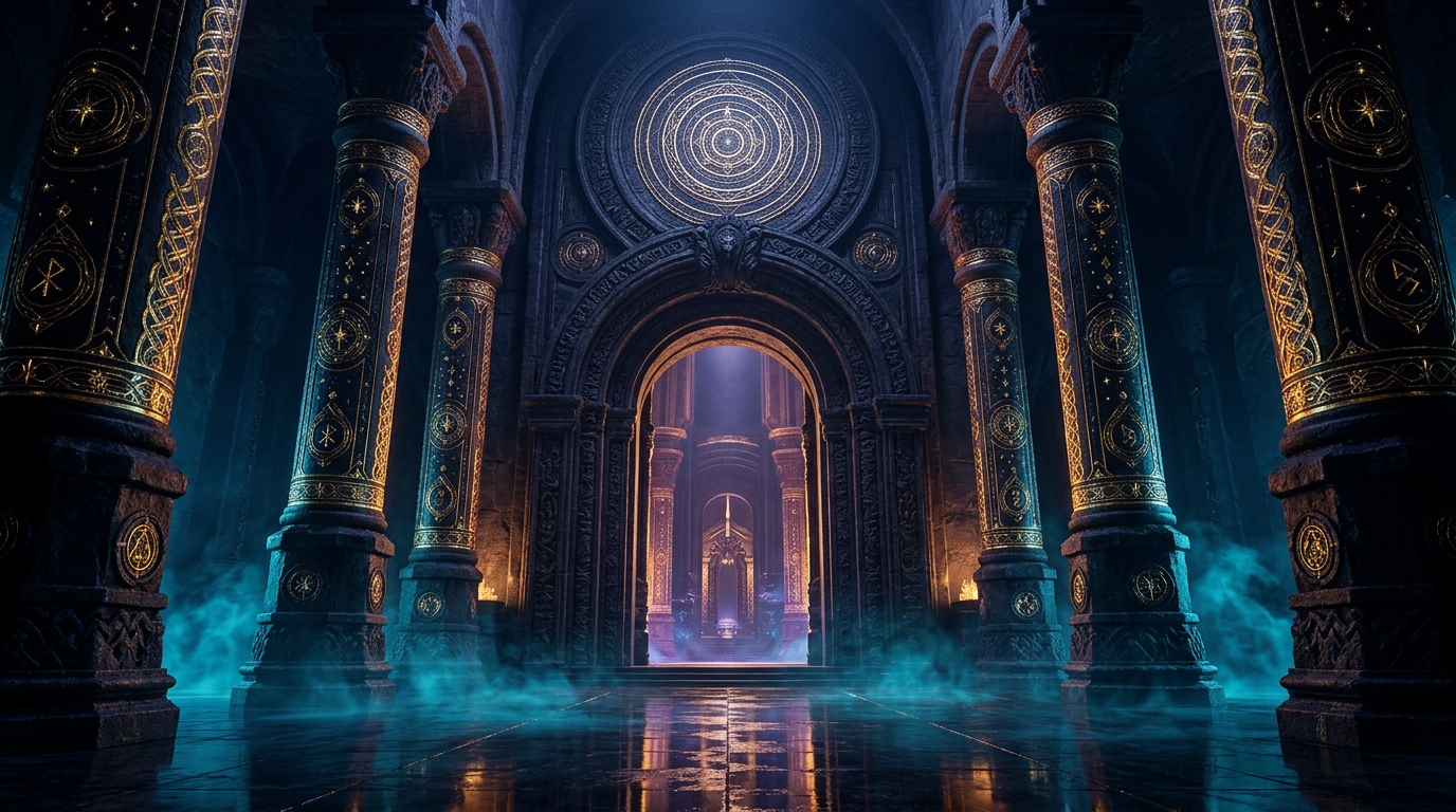 NorthStar Mystery School Grand Portal — Carved Basalt Pillars and Cyan Atmospheric Resonance