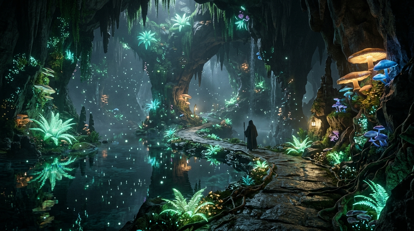 The Garden of Stillness — Bioluminescent Subterranean Flora and Crystalline Sanctuary