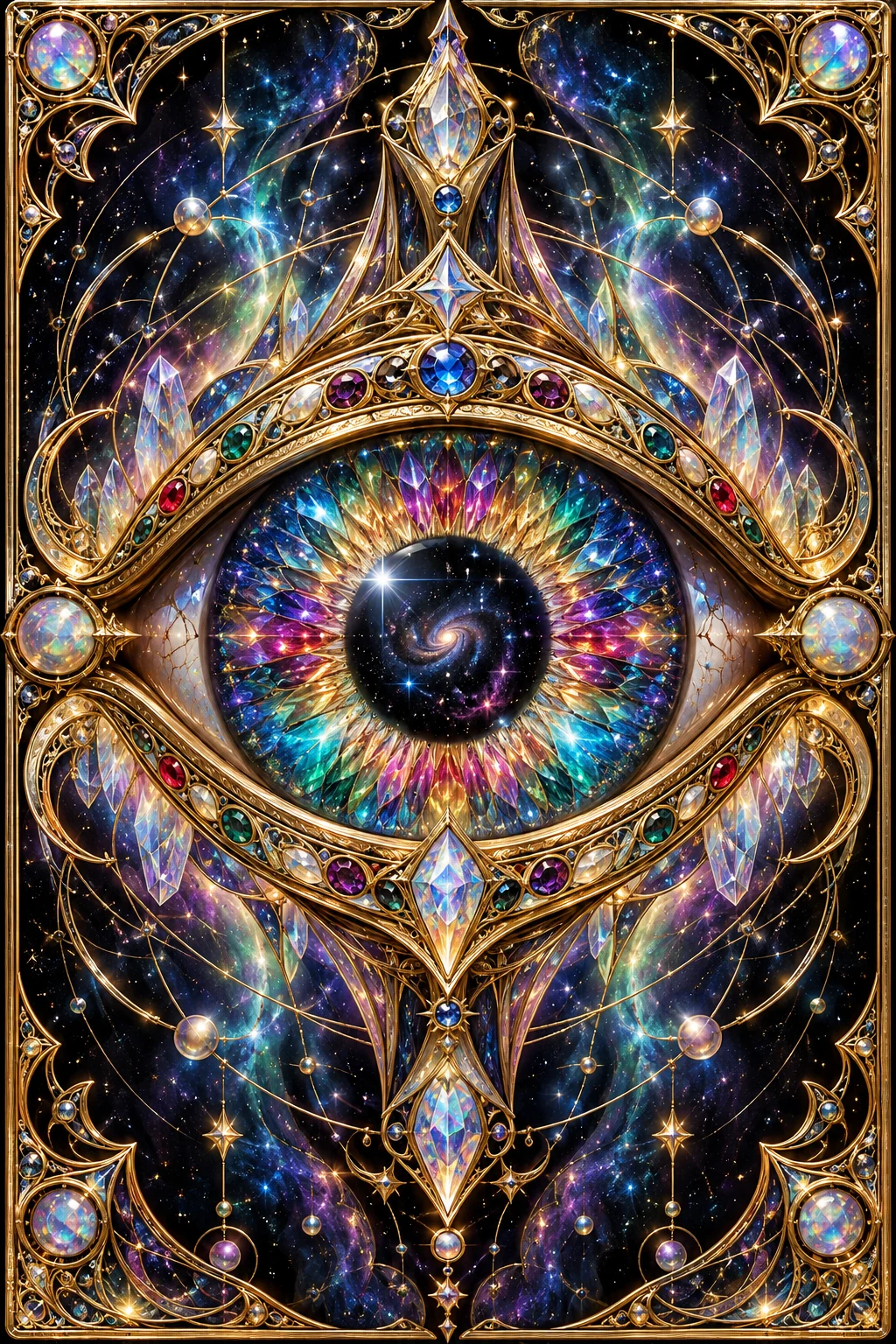VORATH Interactive Oracle card back with golden sacred geometry guilloche and the all-seeing cosmic Eye