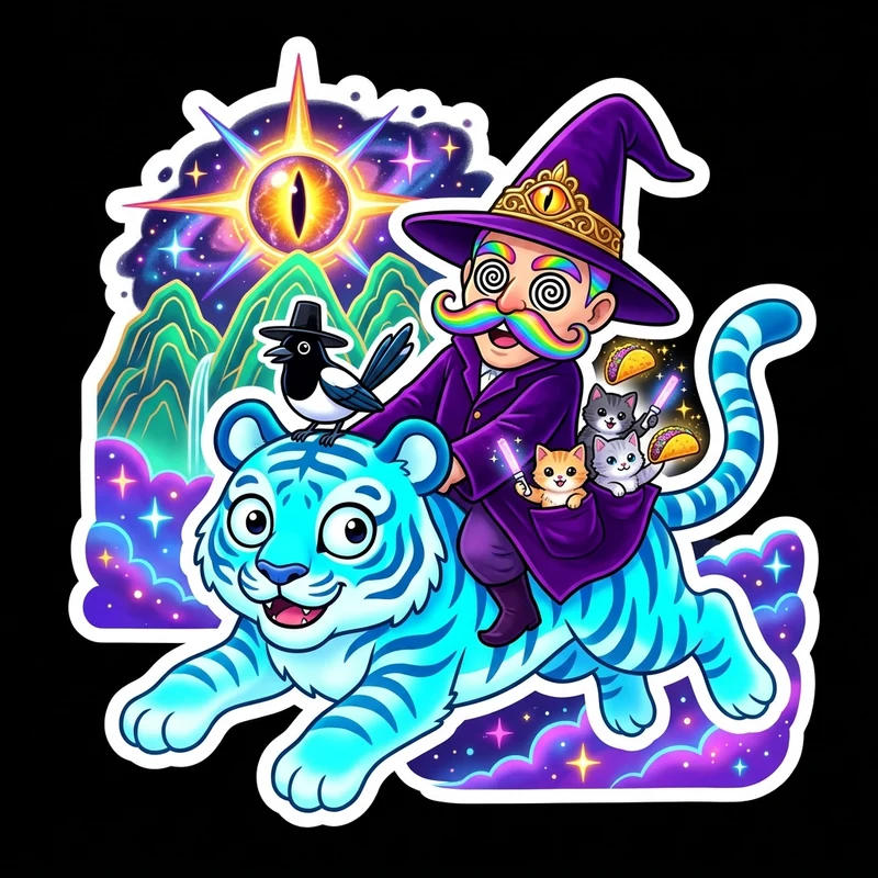 Minhwa Derpy Tiger, Sussie the Magpie & Vorath's Lightstick Kittens Sticker & Print