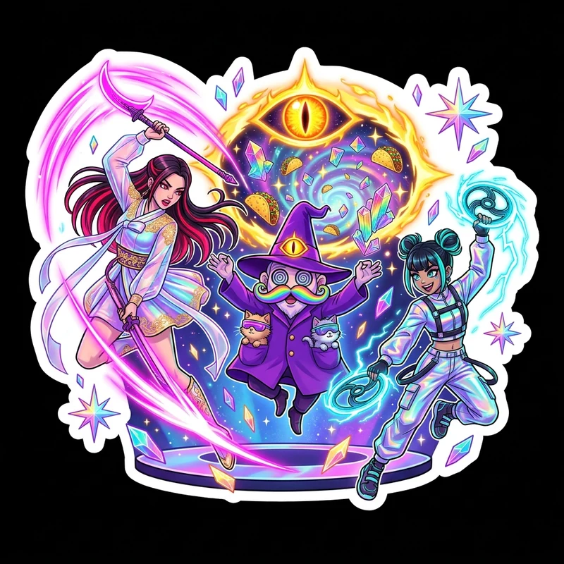 Mira, Zoey & Uncle Vorath — Zero-G Cyber-Hanbok Blade Choreography Sticker & Print
